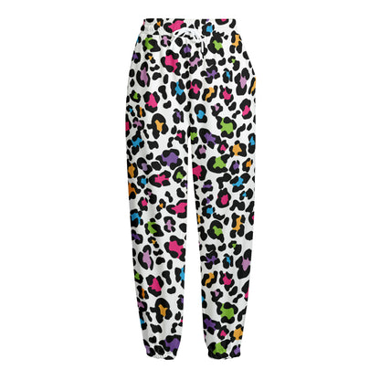 White And Rainbow Leopard Print Fleece Lined Knit Pants