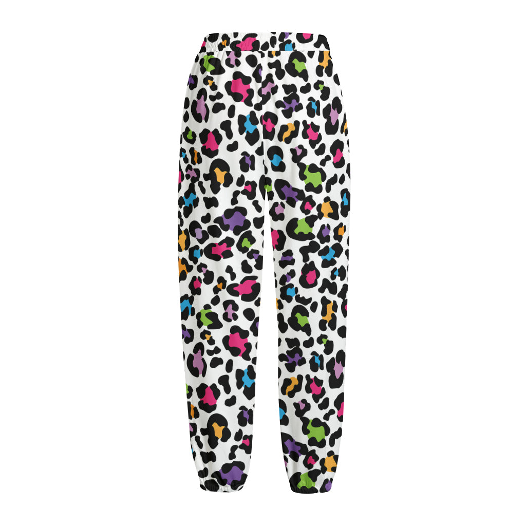 White And Rainbow Leopard Print Fleece Lined Knit Pants