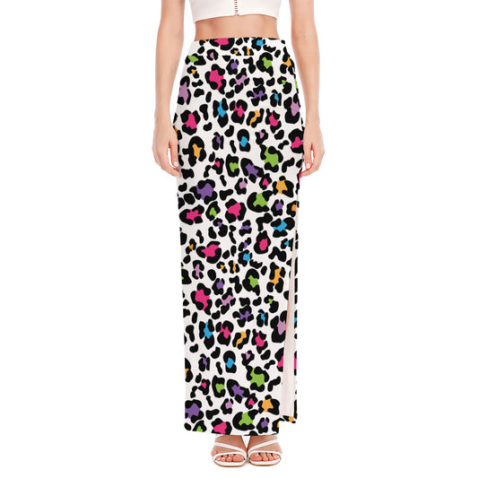 White And Rainbow Leopard Print High Slit Maxi Skirt