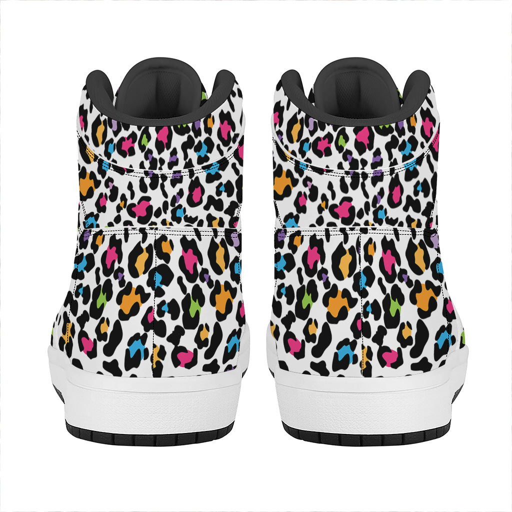 White And Rainbow Leopard Print High Top Leather Sneakers