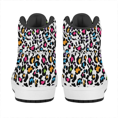 White And Rainbow Leopard Print High Top Leather Sneakers