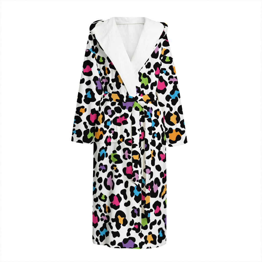 White And Rainbow Leopard Print Hooded Bathrobe