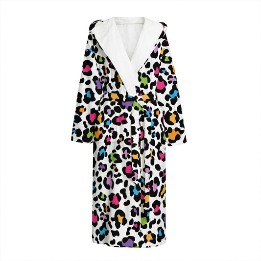 White And Rainbow Leopard Print Hooded Bathrobe