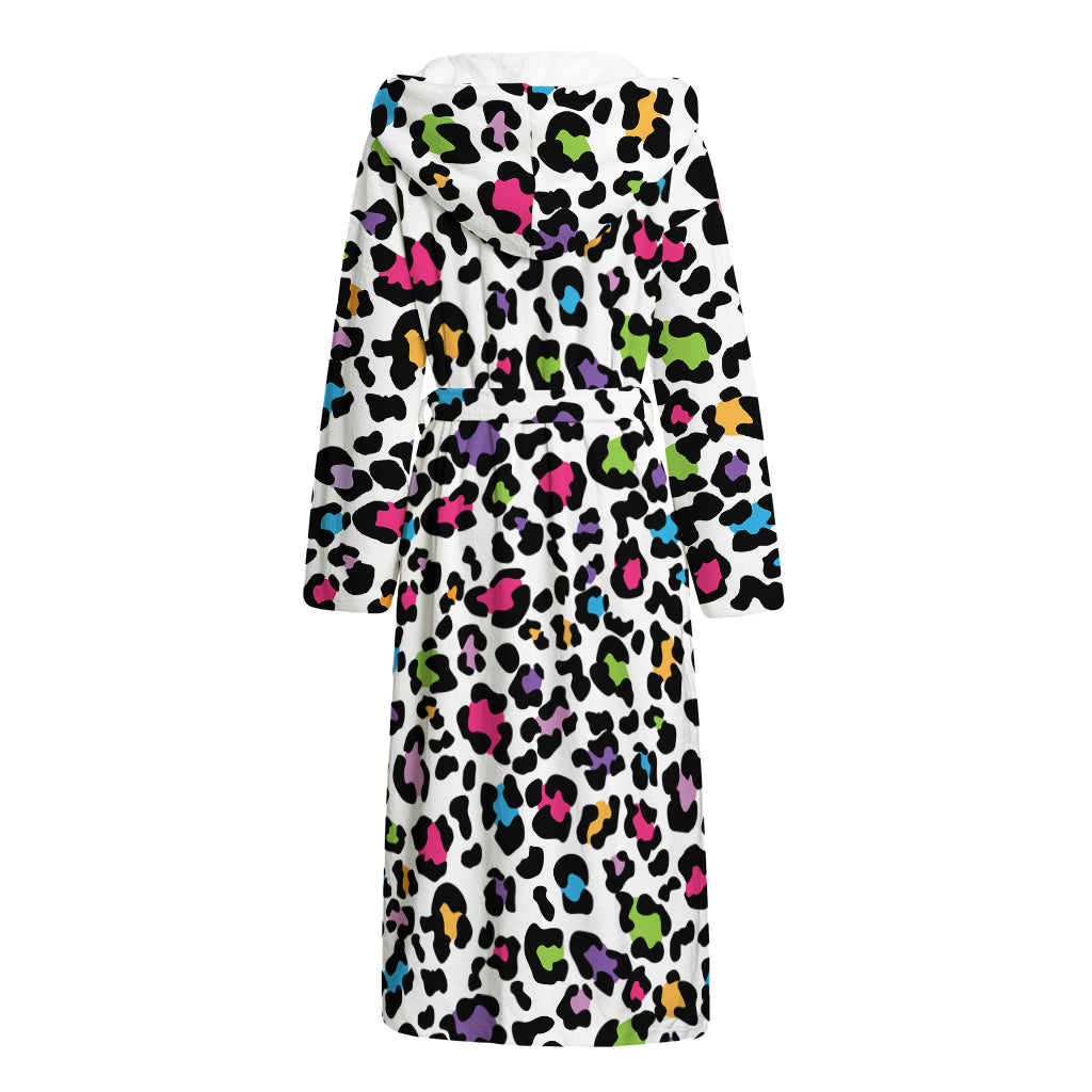White And Rainbow Leopard Print Hooded Bathrobe