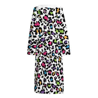 White And Rainbow Leopard Print Hooded Bathrobe