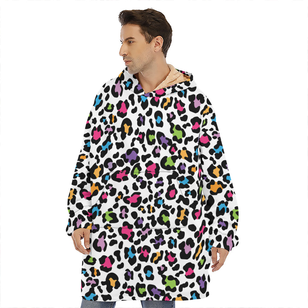 White And Rainbow Leopard Print Hoodie Blanket