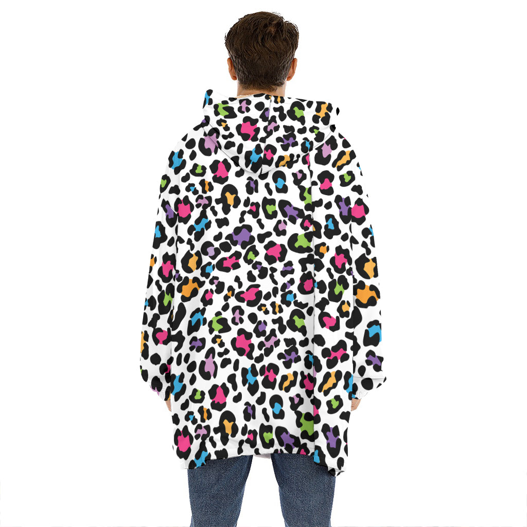 White And Rainbow Leopard Print Hoodie Blanket