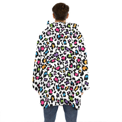 White And Rainbow Leopard Print Hoodie Blanket