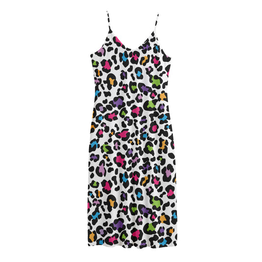 White And Rainbow Leopard Print Jersey Midi Cami Dress