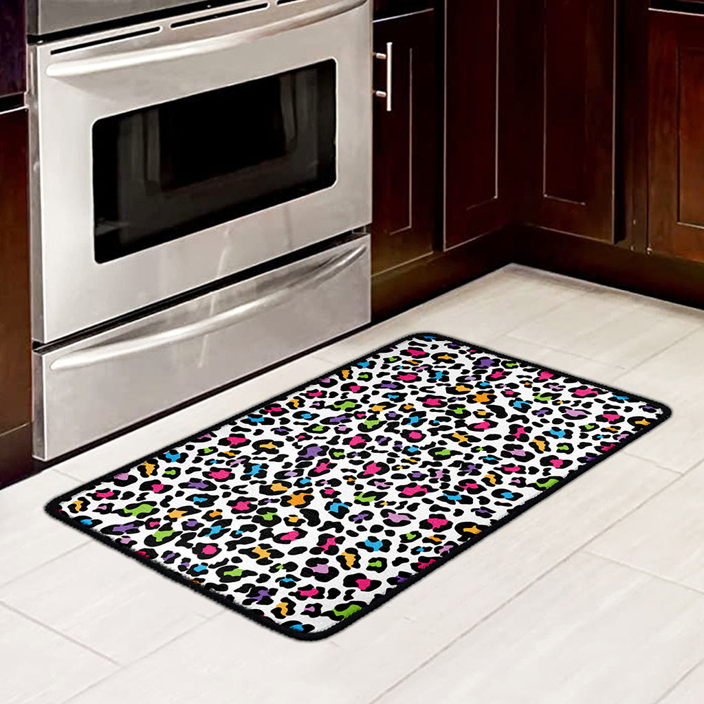 White And Rainbow Leopard Print Kitchen Mat