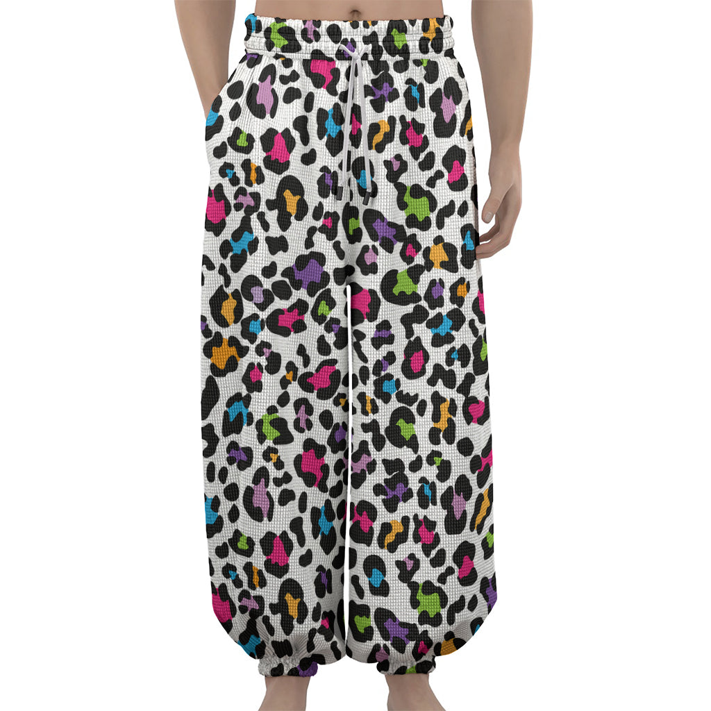White And Rainbow Leopard Print Lantern Pants