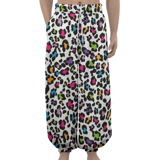 White And Rainbow Leopard Print Lantern Pants