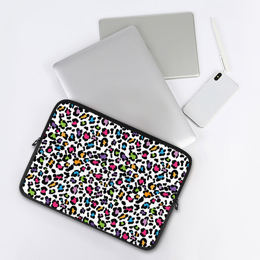 White And Rainbow Leopard Print Laptop Sleeve