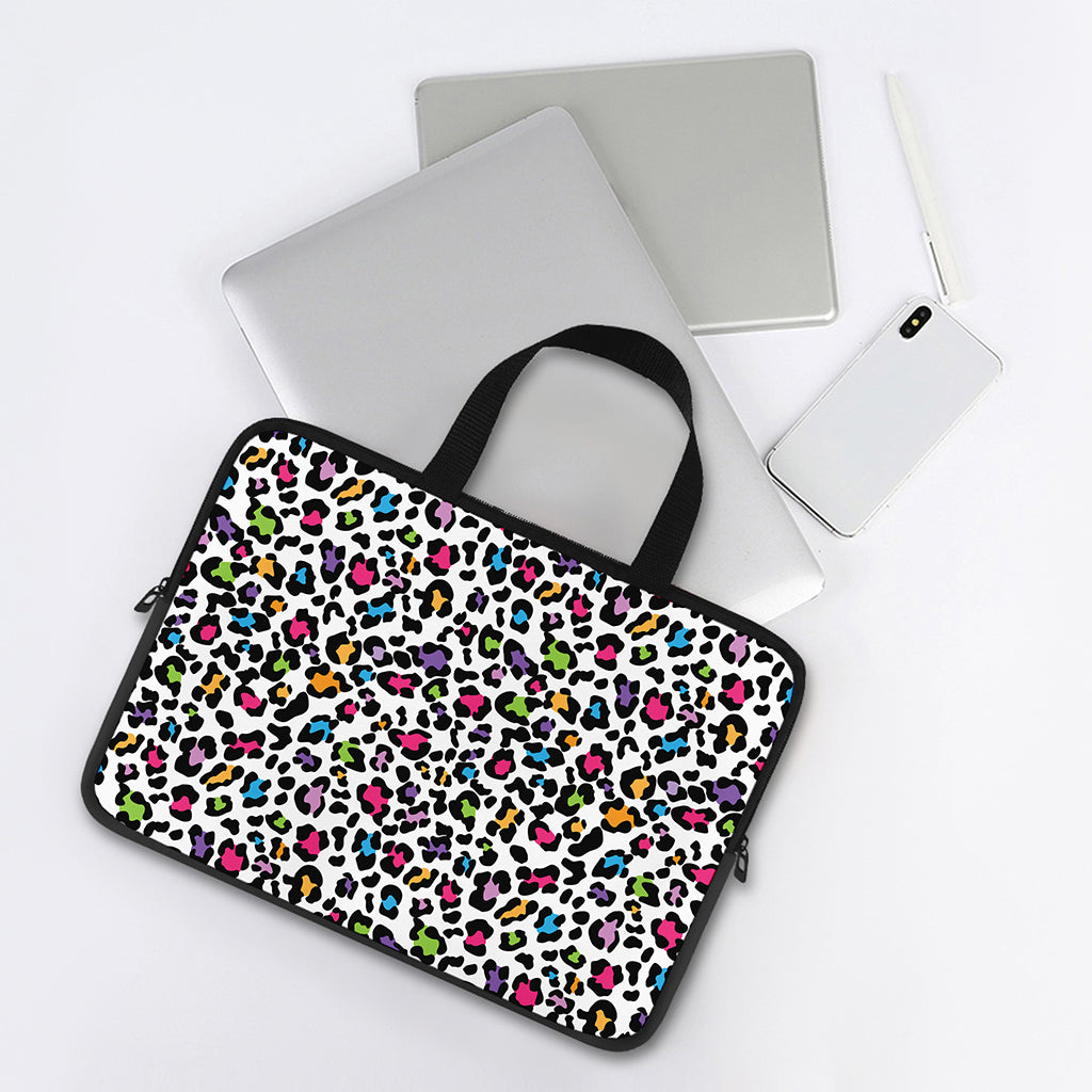 White And Rainbow Leopard Print Laptop Sleeve With Handle