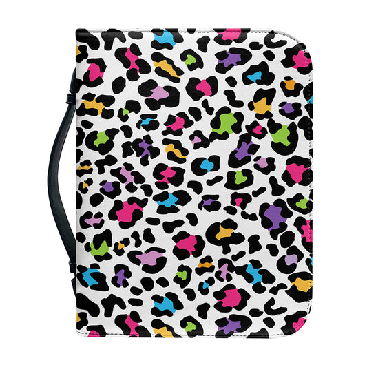 White And Rainbow Leopard Print Leather Bible Cover