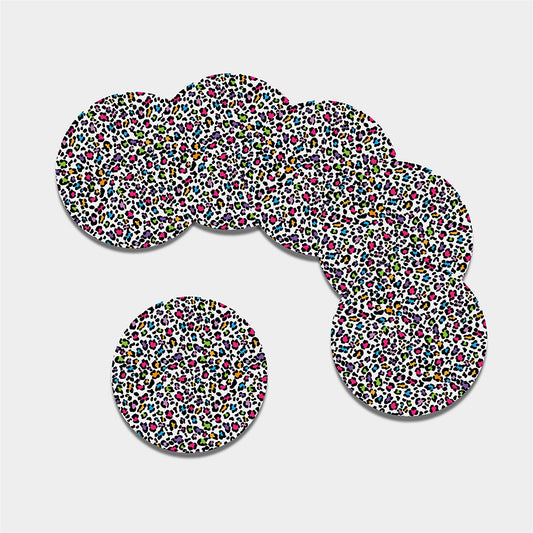 White And Rainbow Leopard Print Leather Coaster Set