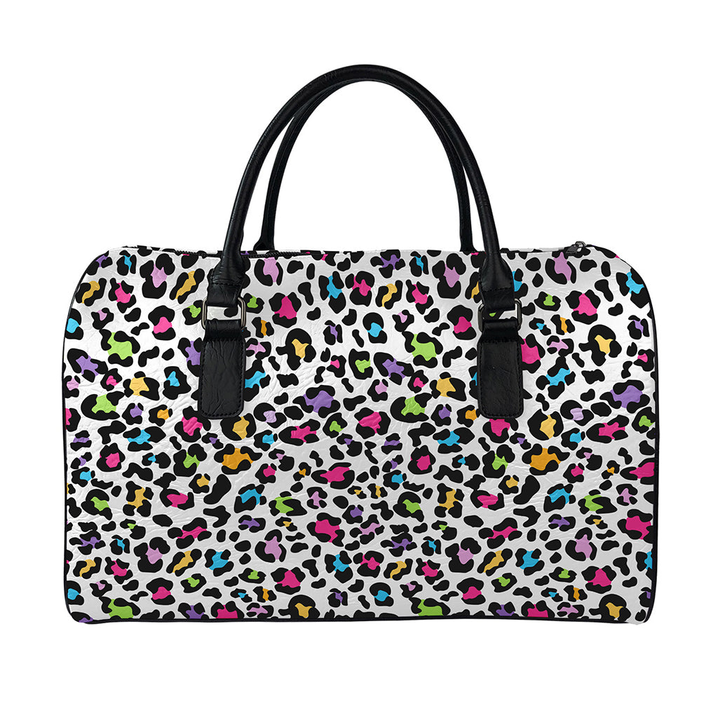 White And Rainbow Leopard Print Leather Duffle Bag