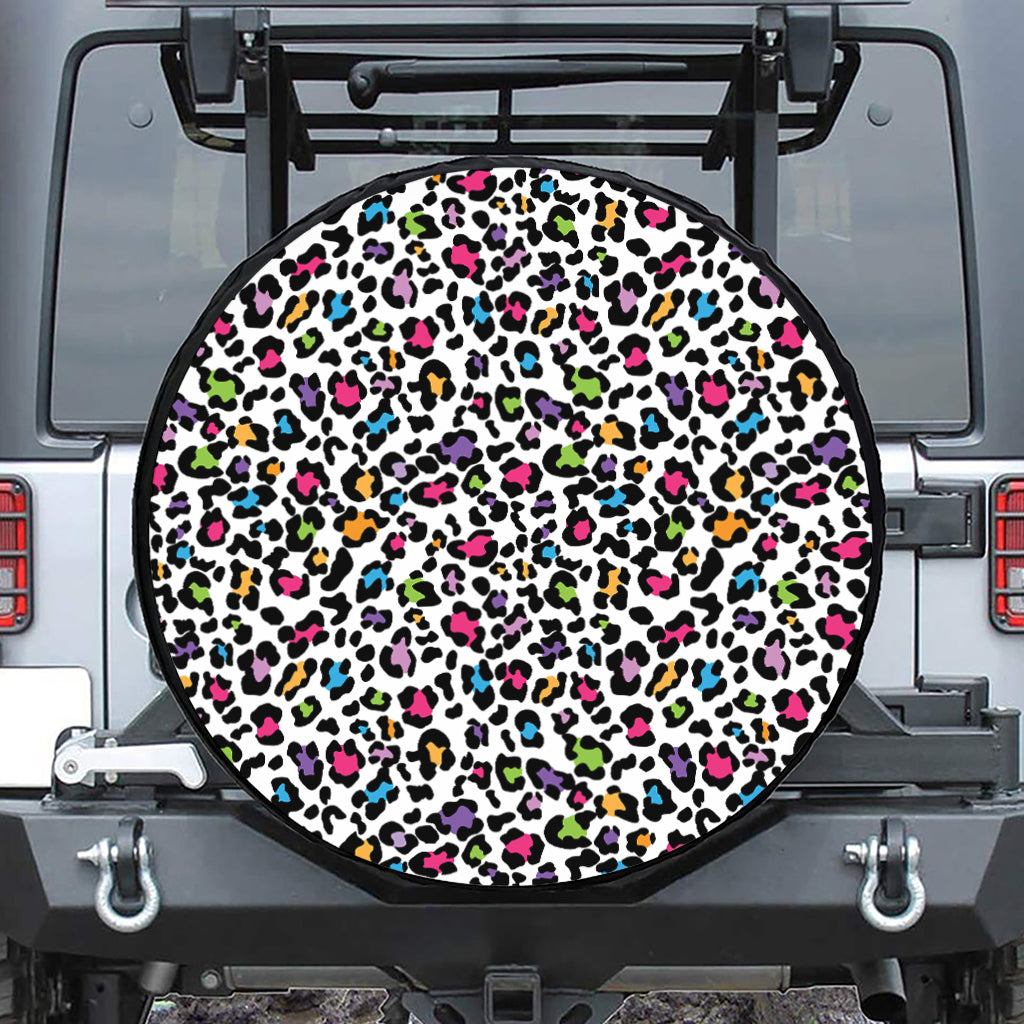 White And Rainbow Leopard Print Leather Spare Tire Cover