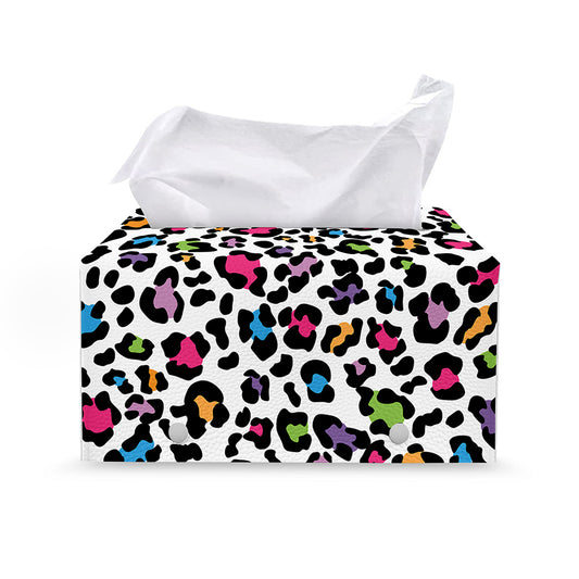 White And Rainbow Leopard Print Leather Tissue Box Cover