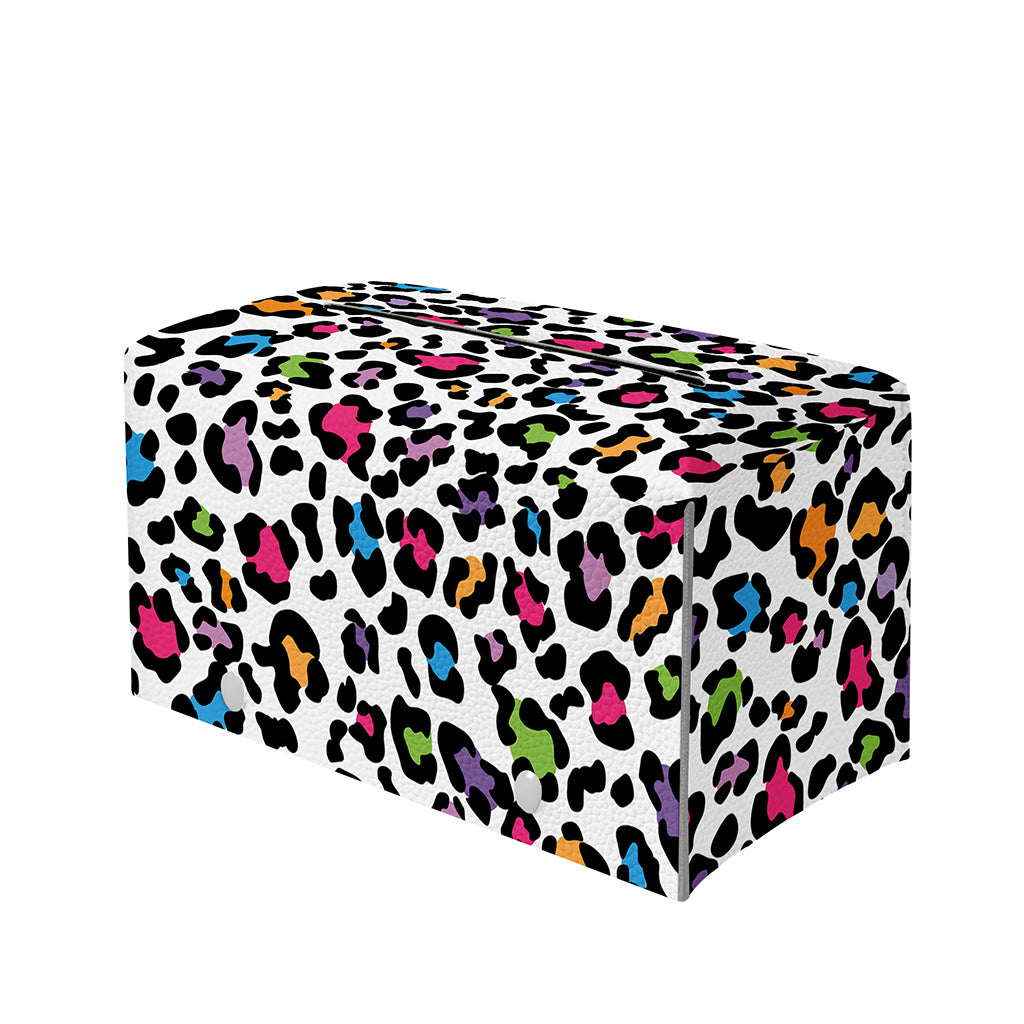 White And Rainbow Leopard Print Leather Tissue Box Cover