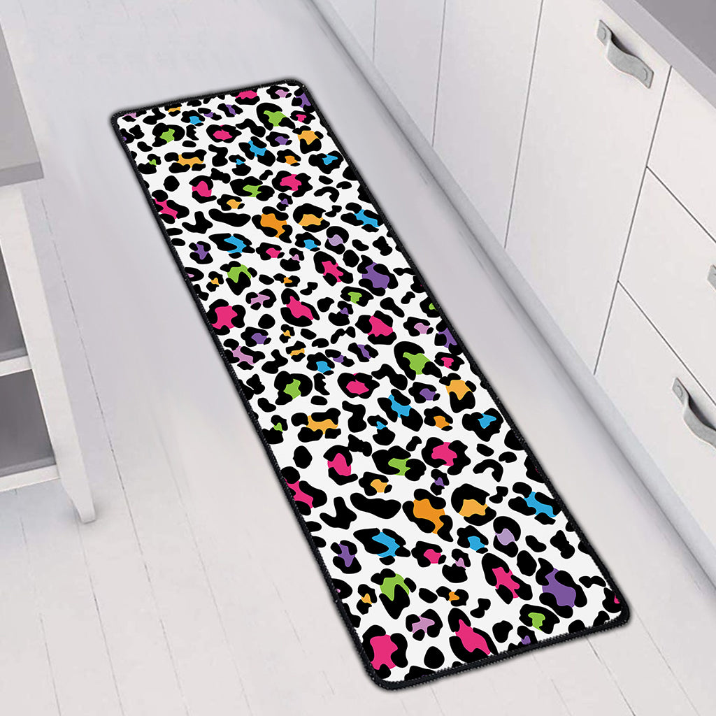 White And Rainbow Leopard Print Long Kitchen Mat
