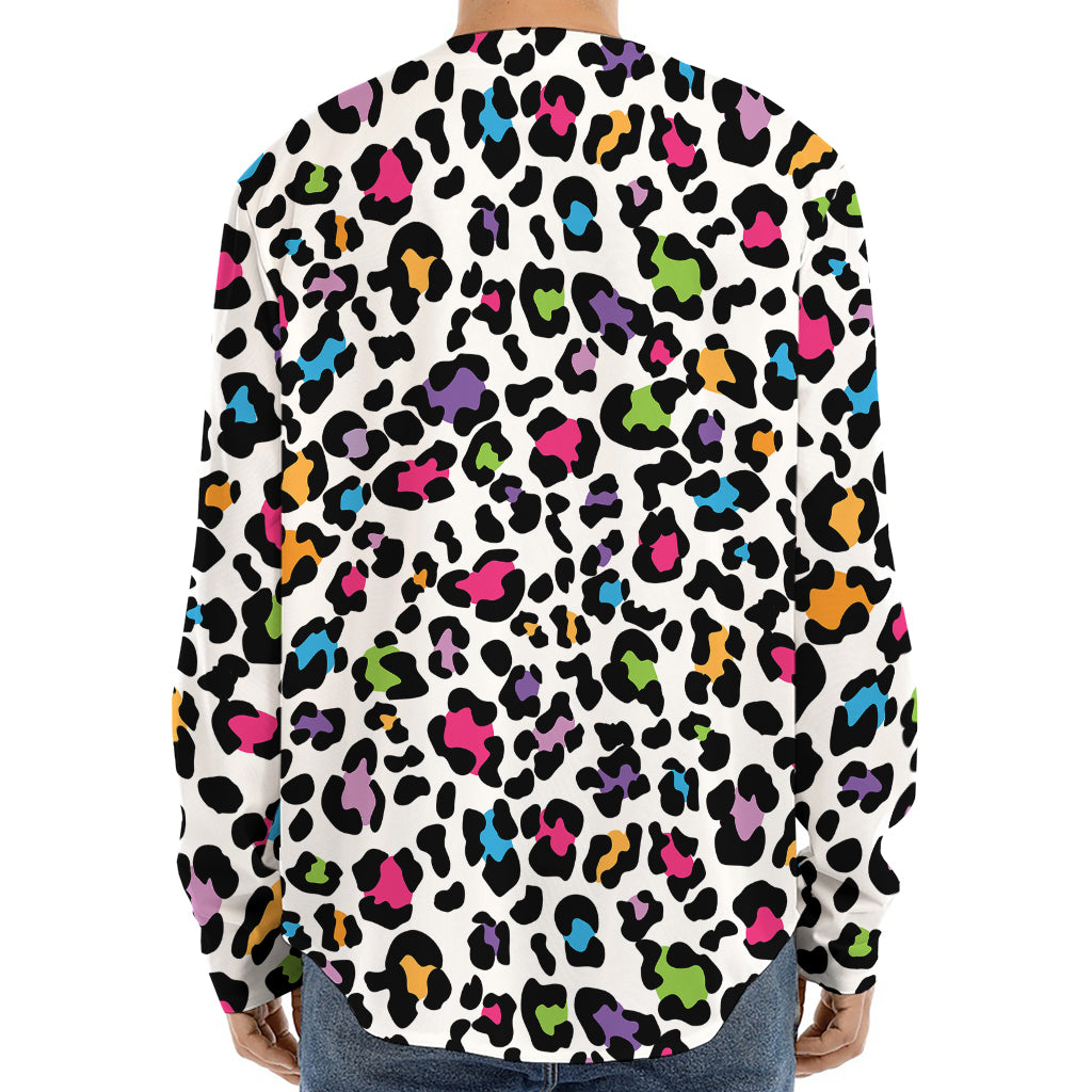 White And Rainbow Leopard Print Long Sleeve Baseball Jersey