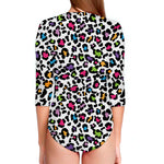 White And Rainbow Leopard Print Long Sleeve Swimsuit