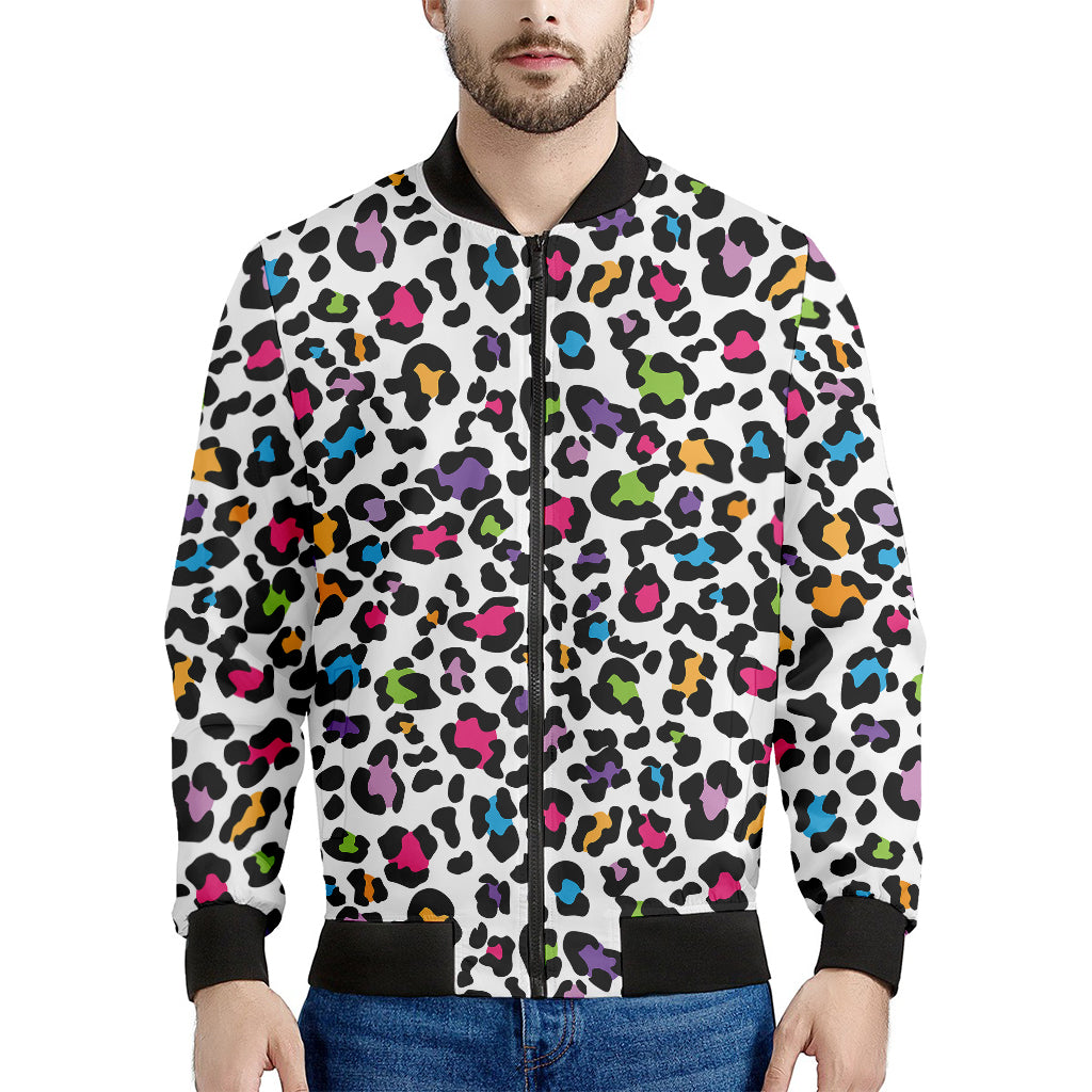 White And Rainbow Leopard Print Men's Bomber Jacket