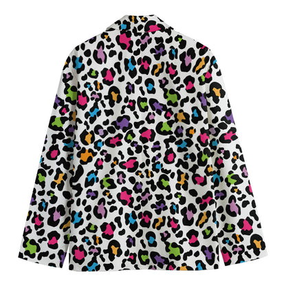White And Rainbow Leopard Print Men's Cotton Blazer