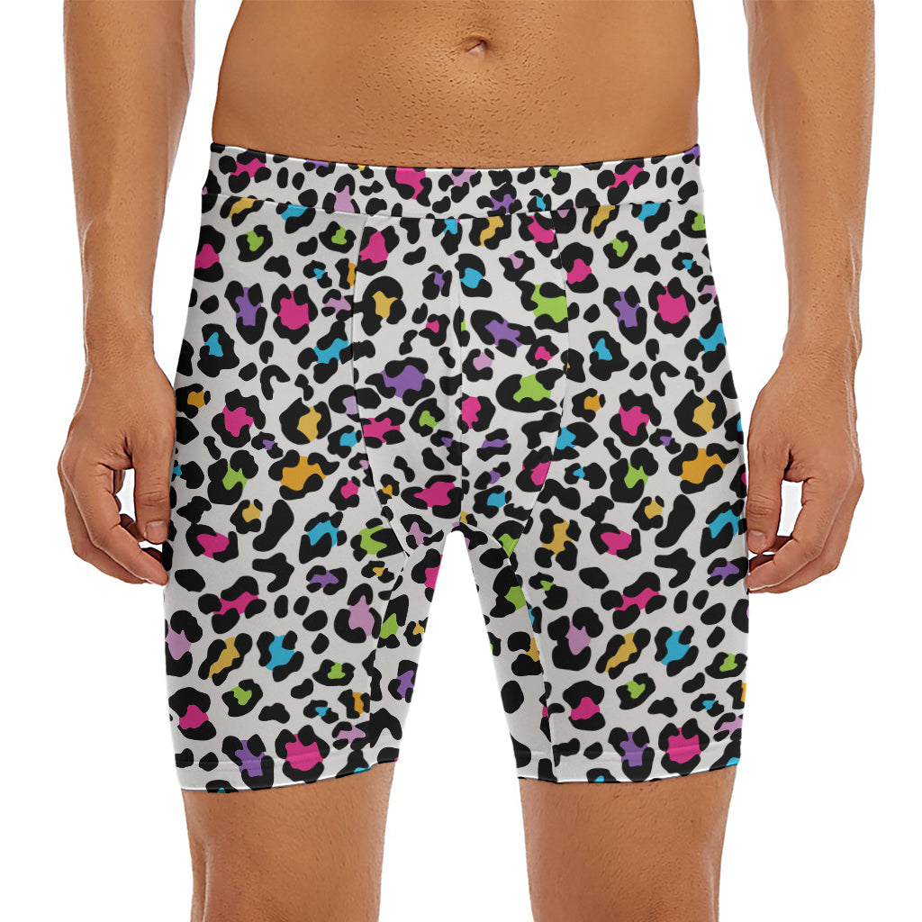 White And Rainbow Leopard Print Men's Long Boxer Briefs