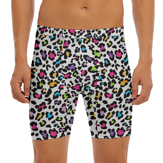 White And Rainbow Leopard Print Men's Long Boxer Briefs