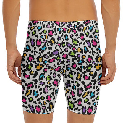 White And Rainbow Leopard Print Men's Long Boxer Briefs