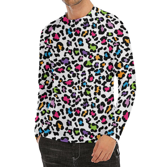 White And Rainbow Leopard Print Men's Long Sleeve Rash Guard