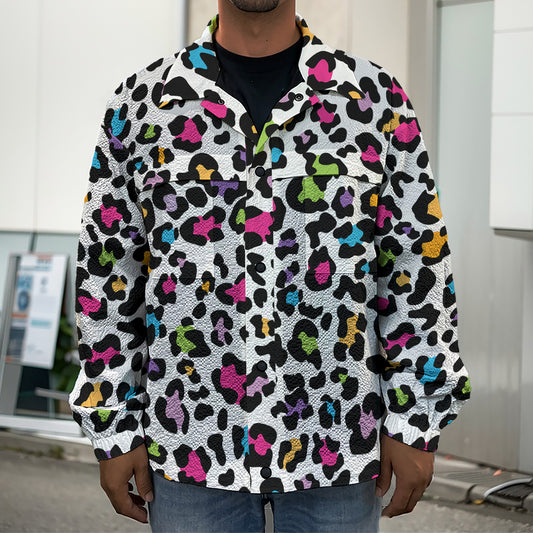 White And Rainbow Leopard Print Men's Shirt Jacket