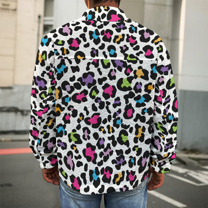 White And Rainbow Leopard Print Men's Shirt Jacket