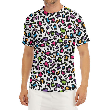 White And Rainbow Leopard Print Men's Short Sleeve Rash Guard