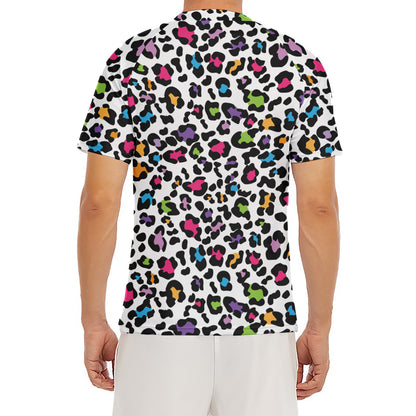 White And Rainbow Leopard Print Men's Short Sleeve Rash Guard