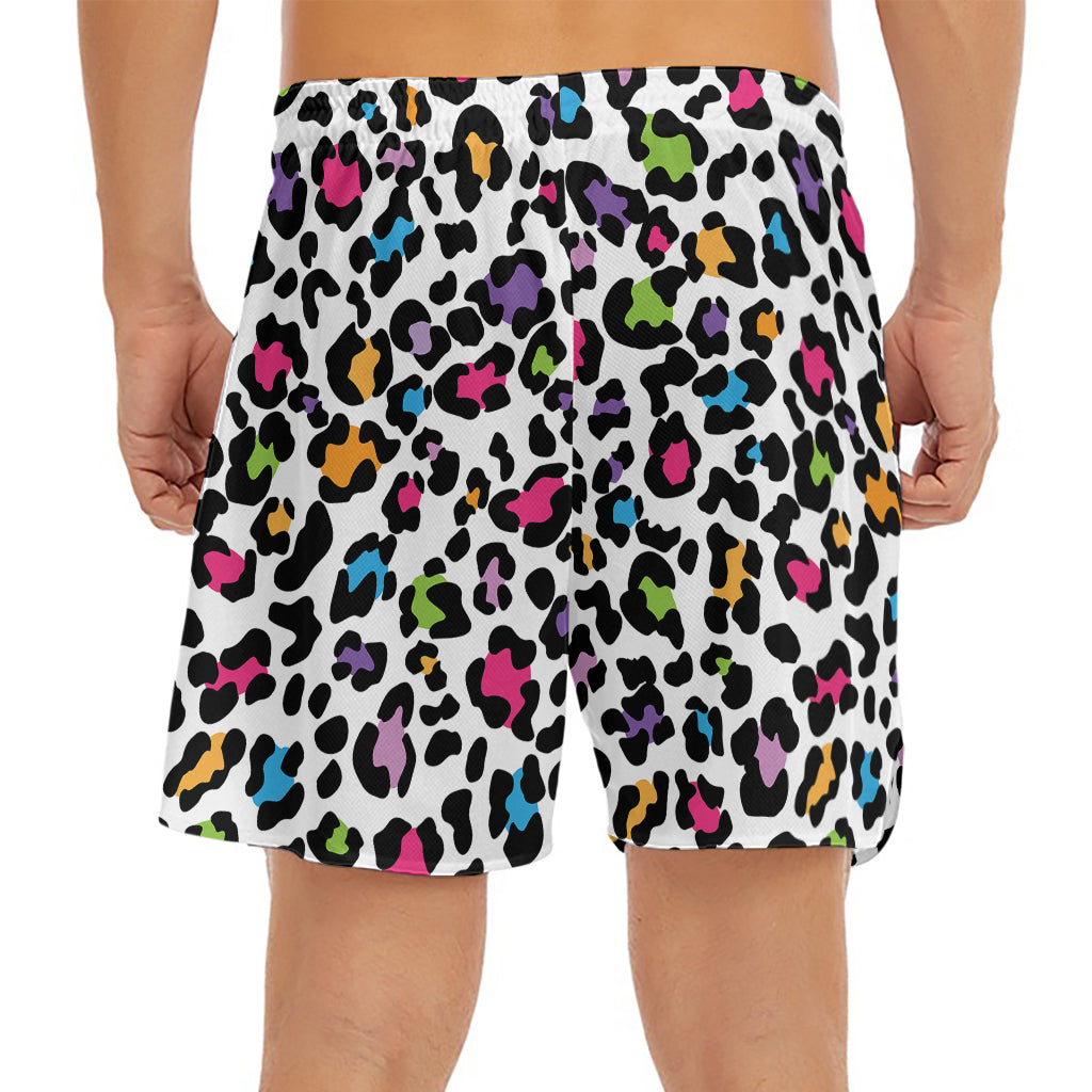 White And Rainbow Leopard Print Men's Split Running Shorts