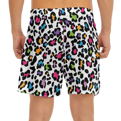 White And Rainbow Leopard Print Men's Split Running Shorts