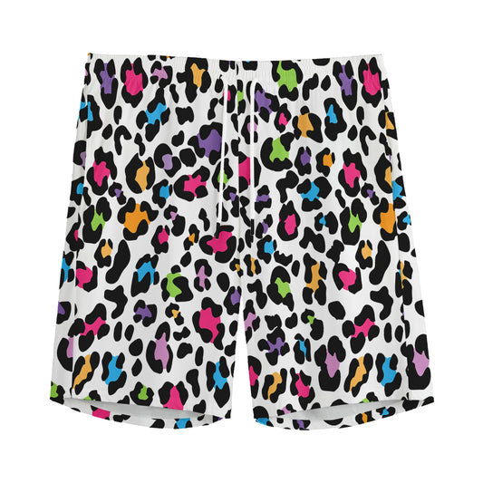 White And Rainbow Leopard Print Men's Sports Shorts
