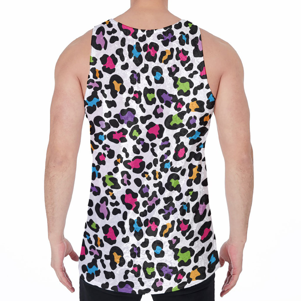 White And Rainbow Leopard Print Men's Velvet Tank Top