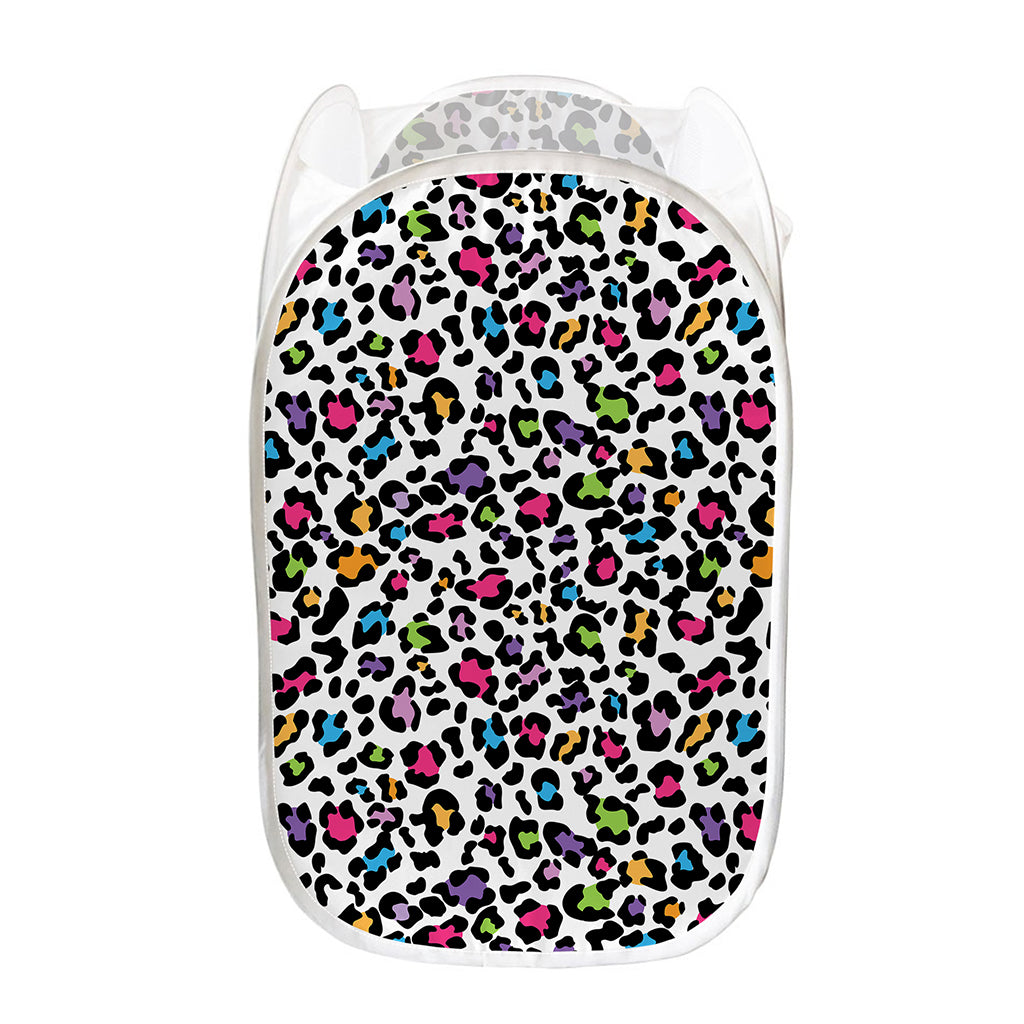 White And Rainbow Leopard Print Mesh Laundry Hamper