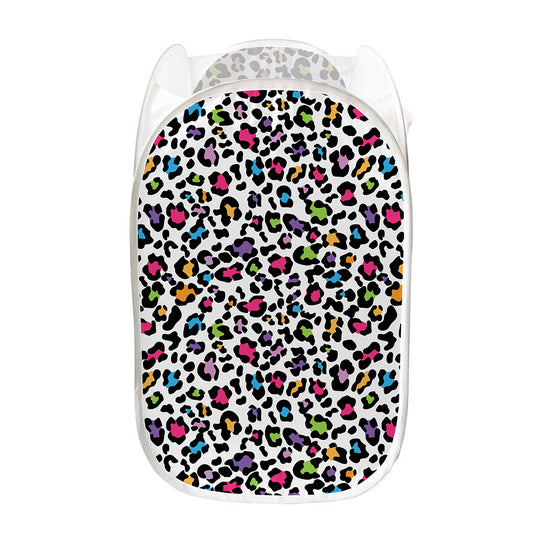 White And Rainbow Leopard Print Mesh Laundry Hamper