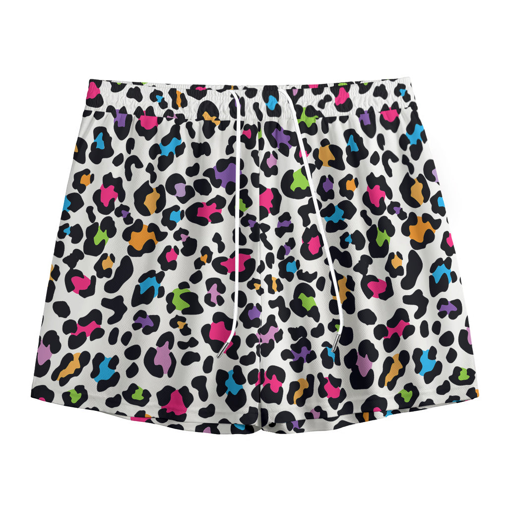 White And Rainbow Leopard Print Mesh Shorts