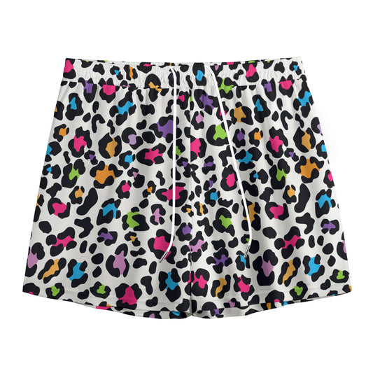 White And Rainbow Leopard Print Mesh Shorts
