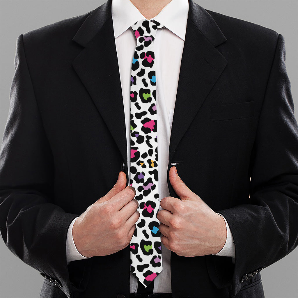 White And Rainbow Leopard Print Necktie