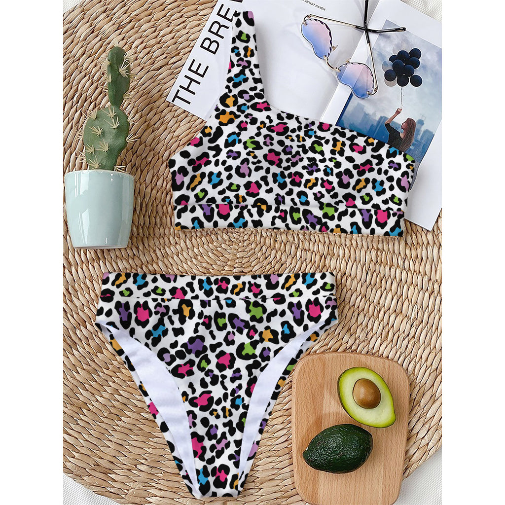 White And Rainbow Leopard Print One Shoulder Bikini Top