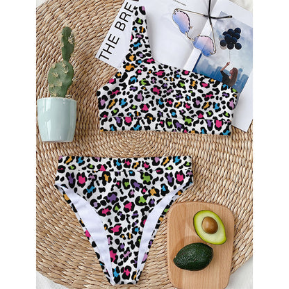 White And Rainbow Leopard Print One Shoulder Bikini Top