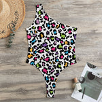 White And Rainbow Leopard Print One Shoulder Bodysuit