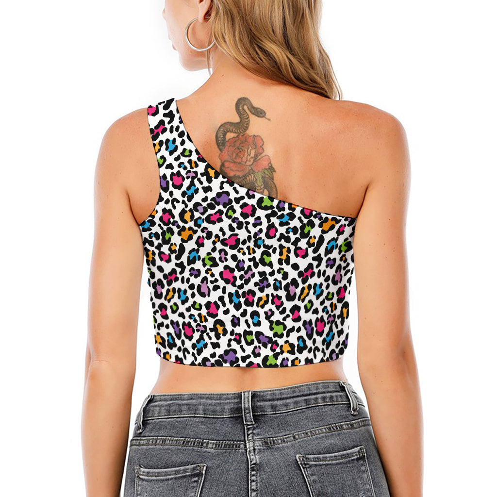 White And Rainbow Leopard Print One Shoulder Crop Top